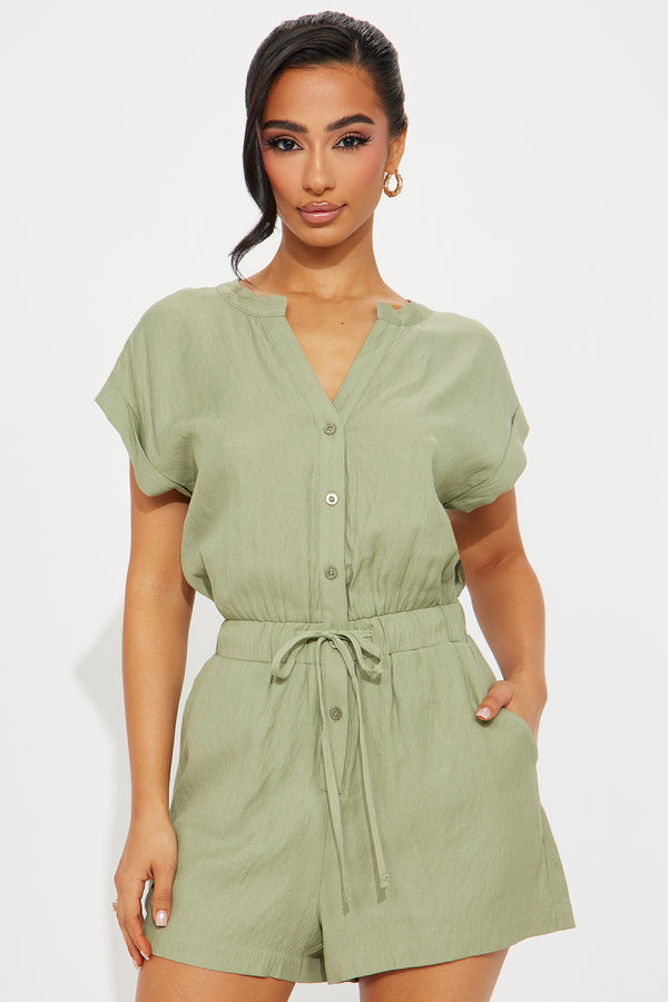Fashion Nova Meeting My Love Linen Romper - Olive