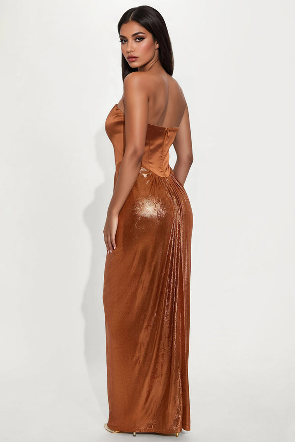 Fashion Nova Melody Metallic Gown - Cognac
