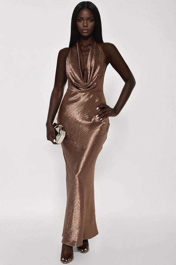 Fashion Nova Miranda Satin Maxi Dress - Brown