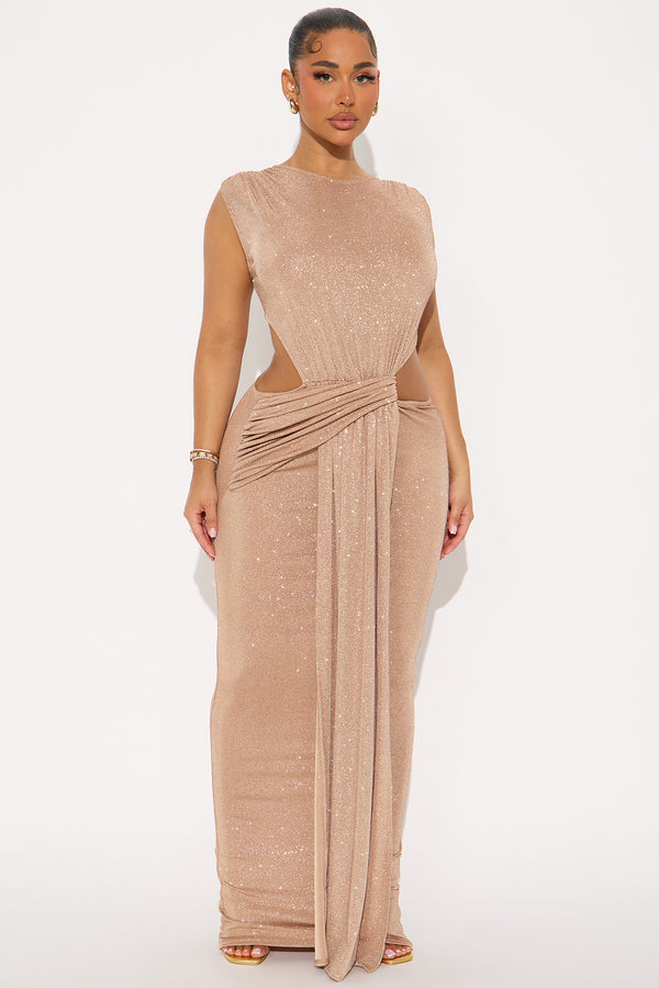 Fashion Nova Niya Draped Glitter Gown - Gold