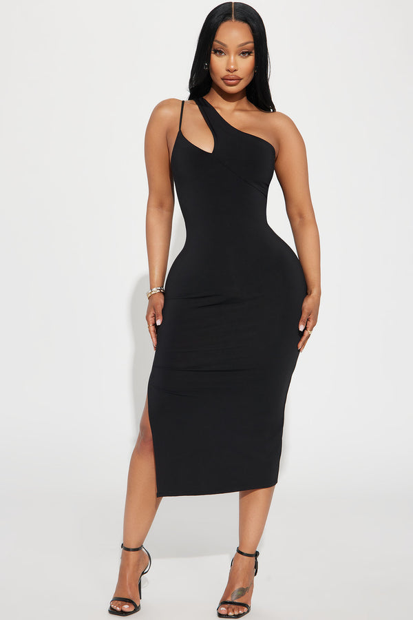 Fashion Nova One Shoulder Midi Dress - Black
