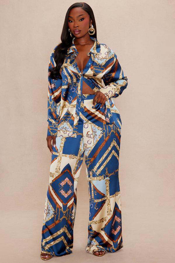 Fashion Nova Paula Satin Wide Leg Pant - Blue/combo