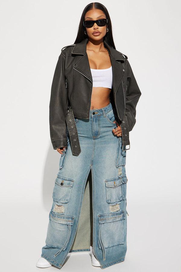 Fashion Nova Roxi Washed Faux Leather Moto - Black