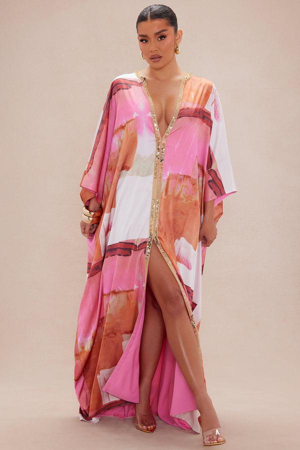 Fashion Nova Sabina Satin Kaftan Dress - Pink/combo