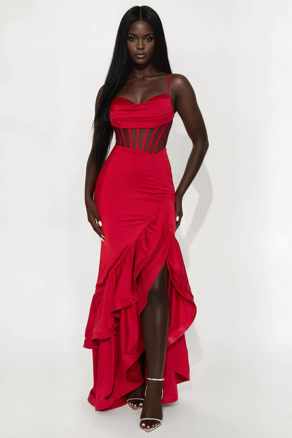 Fashion Nova Simone Corset Waist Maxi Dress - Red