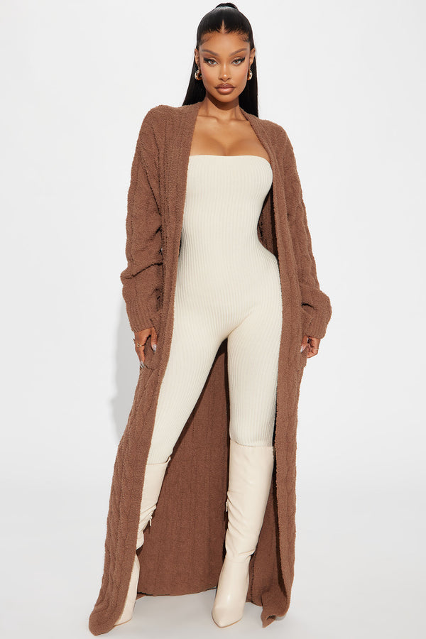 Fashion Nova Staying In Fuzzy Long Cardigan - Mocha
