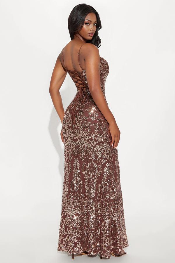 Fashion Nova Talk Cute Sequin Maxi Gown - Brown