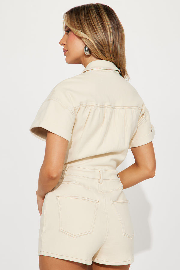 Fashion Nova Talk To Me Denim Romper - Khaki