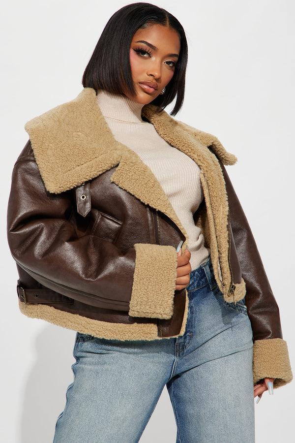 Fashion Nova Taytum Faux Leather Jacket - Brown
