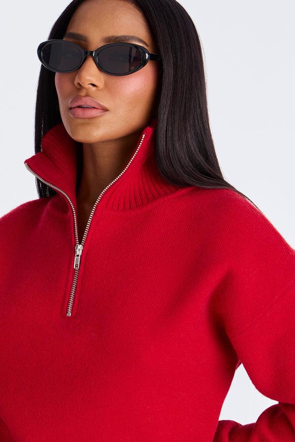 Fashion Nova Vintage Feels Quarter Zip Sweater - Red
