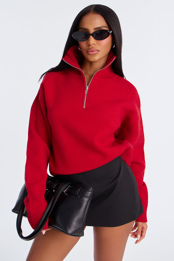 Fashion Nova Vintage Feels Quarter Zip Sweater - Red