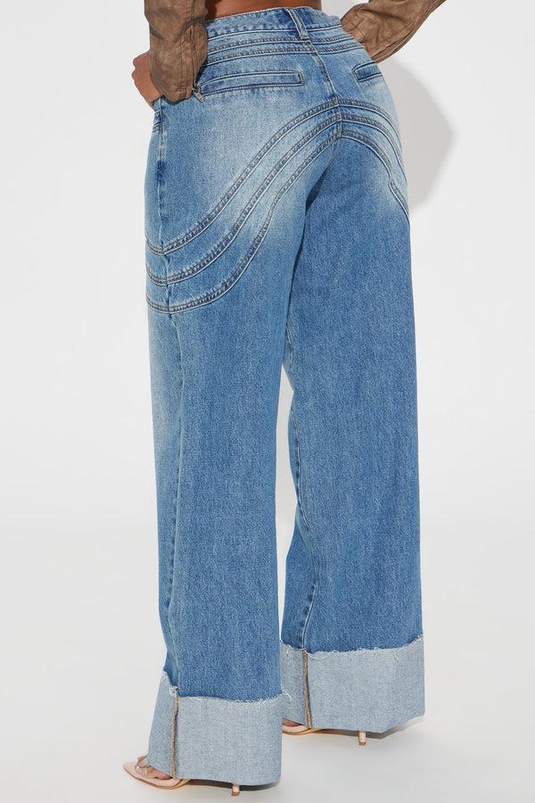 Fashion Nova Feeling The Pressure Cuffed Straight Leg Jeans - Medium Wash