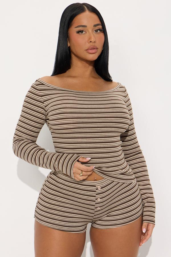 Fashion Nova Finley Striped Long Sleeve Short Set - Brown