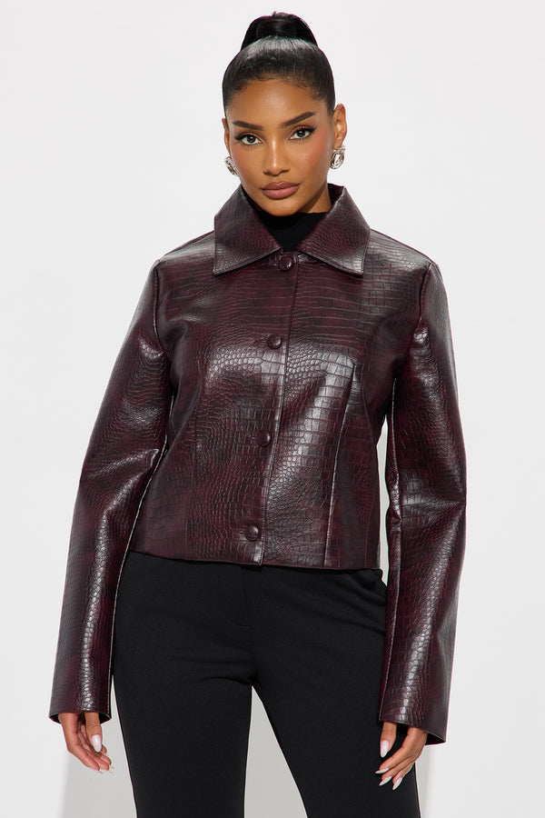 Fashion Nova Gina Croc Faux Leather Jacket - Burgundy