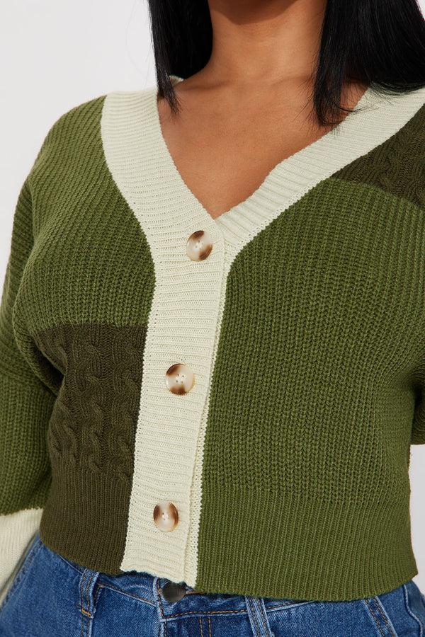 Fashion Nova Good Form Cropped Color Block Sweater - Olive/combo