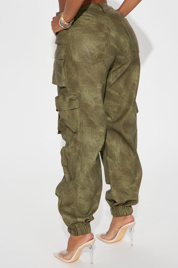 Fashion Nova Harvey Washed Faux Leather Cargo Jogger - Olive