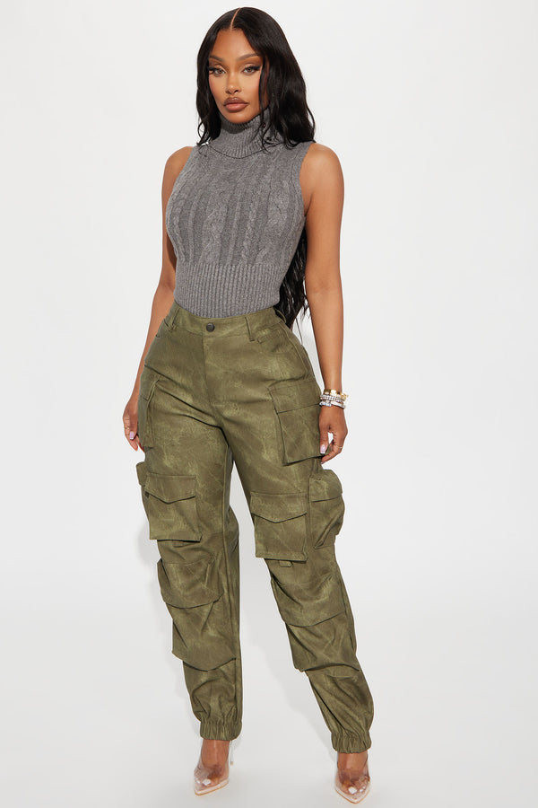 Fashion Nova Harvey Washed Faux Leather Cargo Jogger - Olive