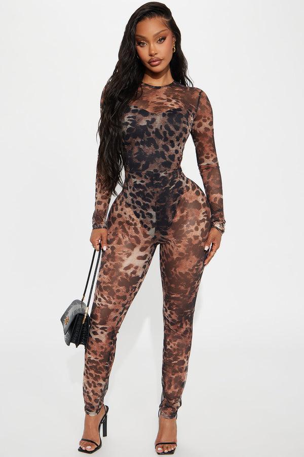 Fashion Nova Hazel Animal Print Mesh Jumpsuit - Brown Combo