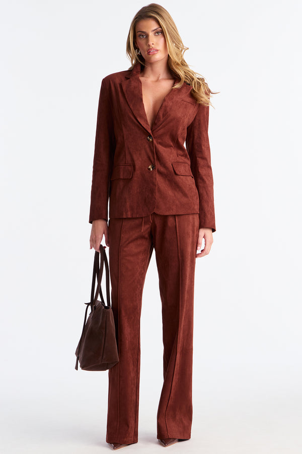 Fashion Nova Heather Blazer Faux Suede Pant Set - Brown