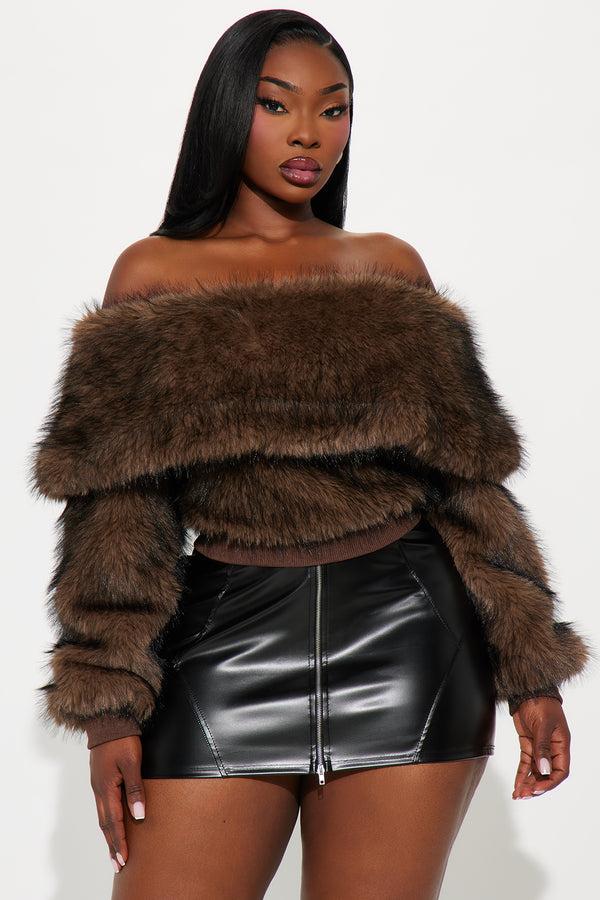 Fashion Nova High Class Energy Faux Fur Off Shoulder Sweater - Brown