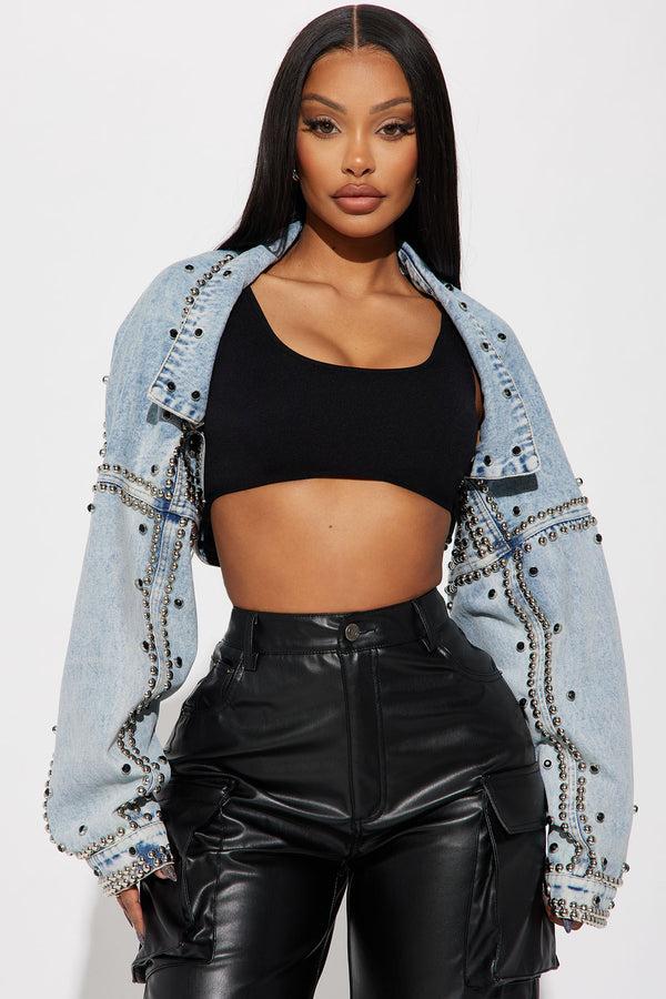 Fashion Nova Hollywood Studded Denim Jacket - Light Blue Wash