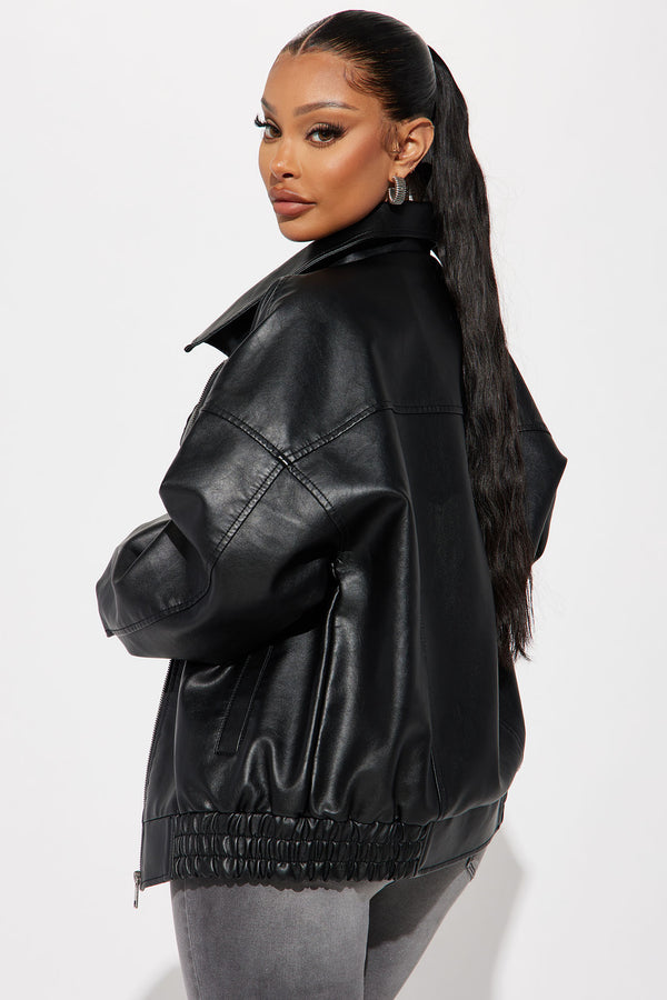 Fashion Nova Hustle Mode Oversized Faux Leather Jacket - Black