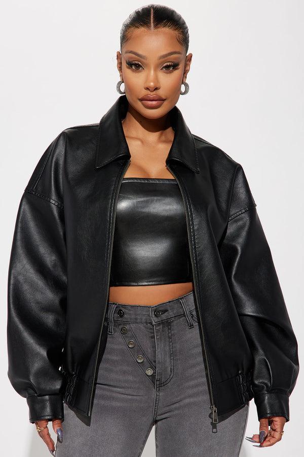 Fashion Nova Hustle Mode Oversized Faux Leather Jacket - Black