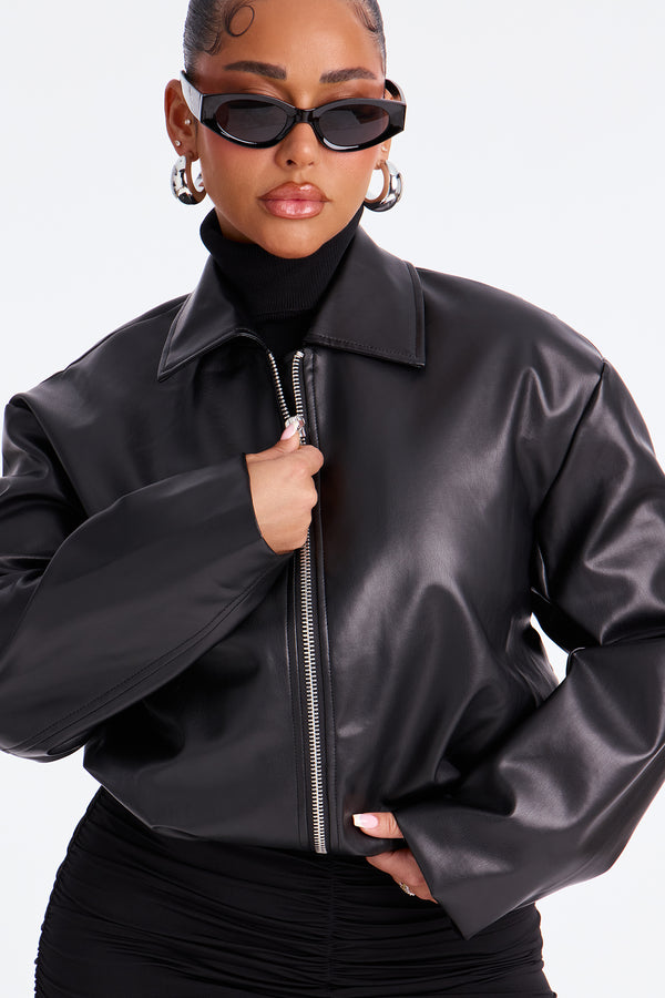 Fashion Nova Iman It Girl Faux Leather Bomber Jacket - Black