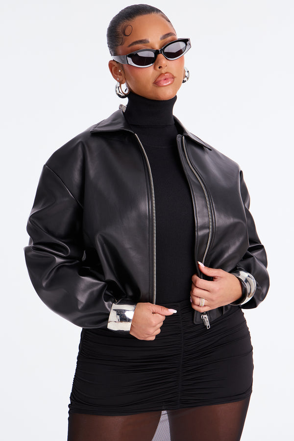Fashion Nova Iman It Girl Faux Leather Bomber Jacket - Black