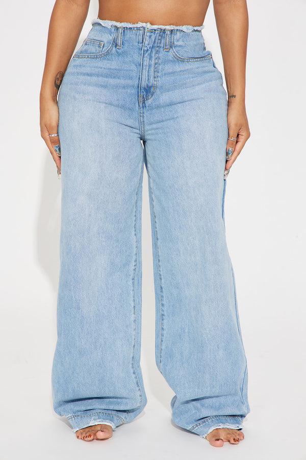 Fashion Nova In Your Dreams Cut Off Waistband Baggy Jean - Medium Wash