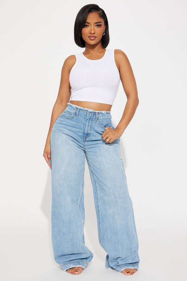 Fashion Nova In Your Dreams Cut Off Waistband Baggy Jean - Medium Wash
