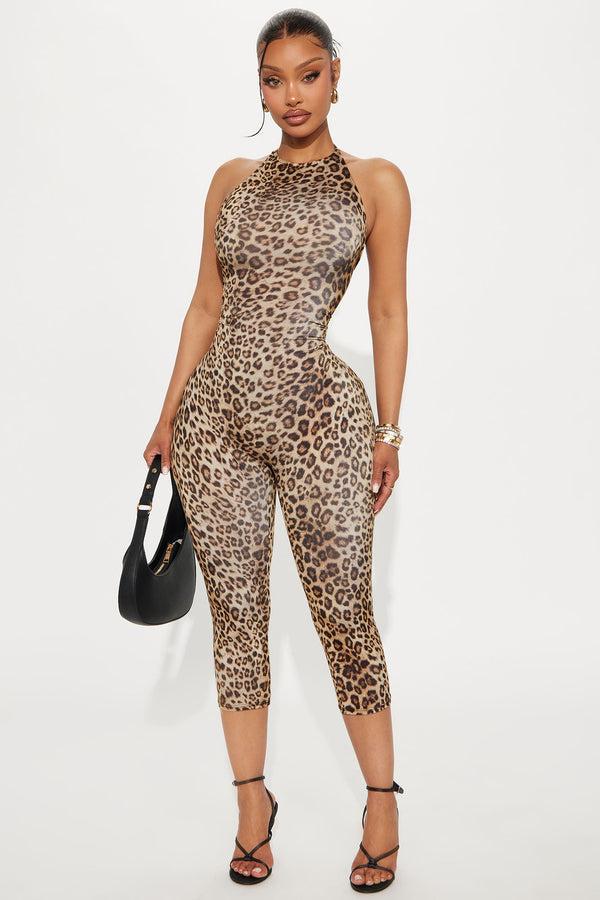 Fashion Nova Killer Catwalk Halter Cpari Jumpsuit - Brown/combo