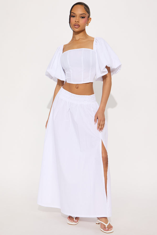 Fashion Nova Let's Runaway Together Midi Skirt Set - White