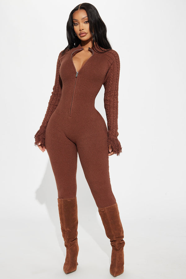 Fashion Nova Let's Stay Together Sweater Jumpsuit - Brown
