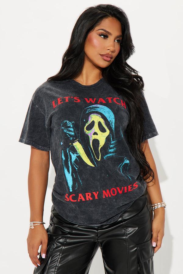 Fashion Nova Let's Watch Scary Movies Washed Tee - Black