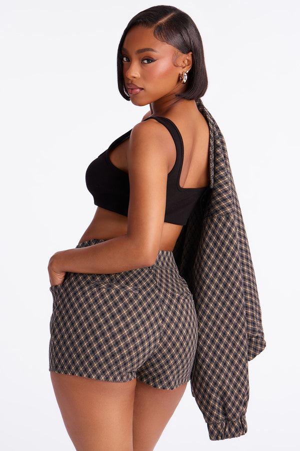Fashion Nova Lorena Plaid Knit Jacket Short Set - Grey/combo