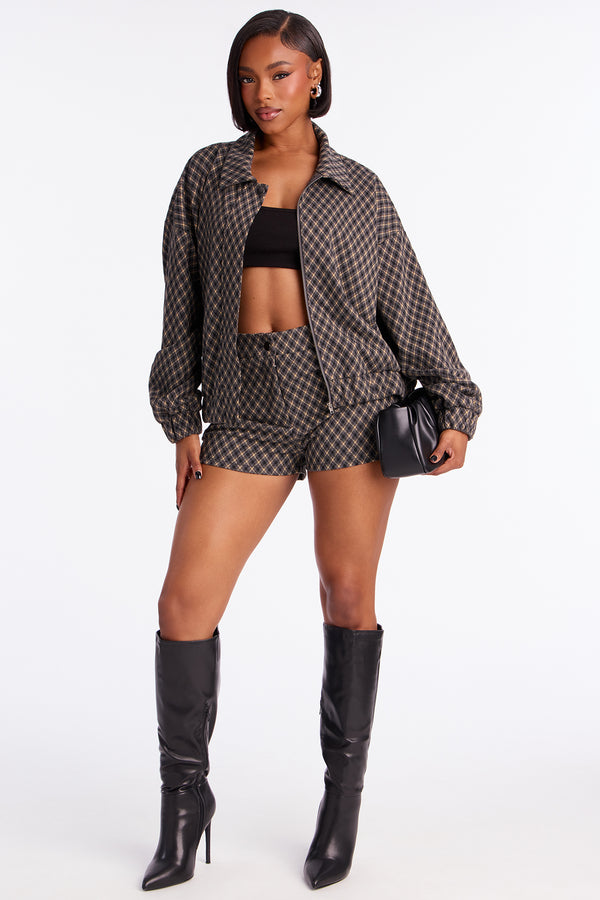 Fashion Nova Lorena Plaid Knit Jacket Short Set - Grey/combo