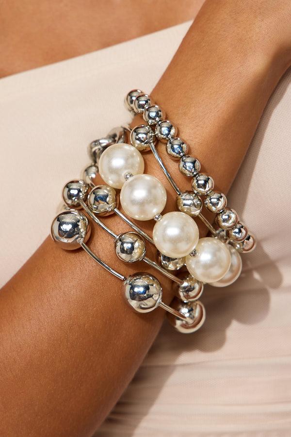 Fashion Nova Lori Pearl Beaded 7 Piece Bracelet Set - Silver