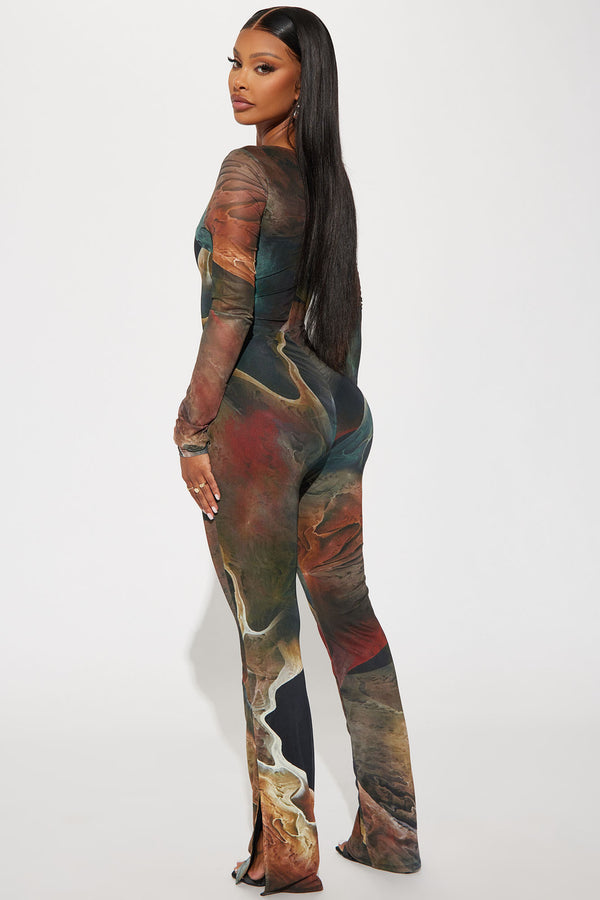 Fashion Nova Lost In A Trance Mesh Jumpsuit - Olive/combo