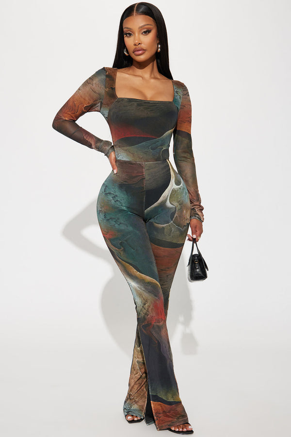 Fashion Nova Lost In A Trance Mesh Jumpsuit - Olive/combo