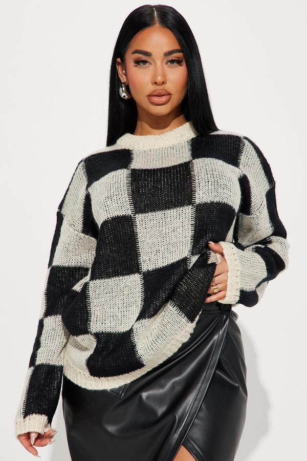 Fashion Nova Make Your Move Checkered Sweater - Taupe/combo