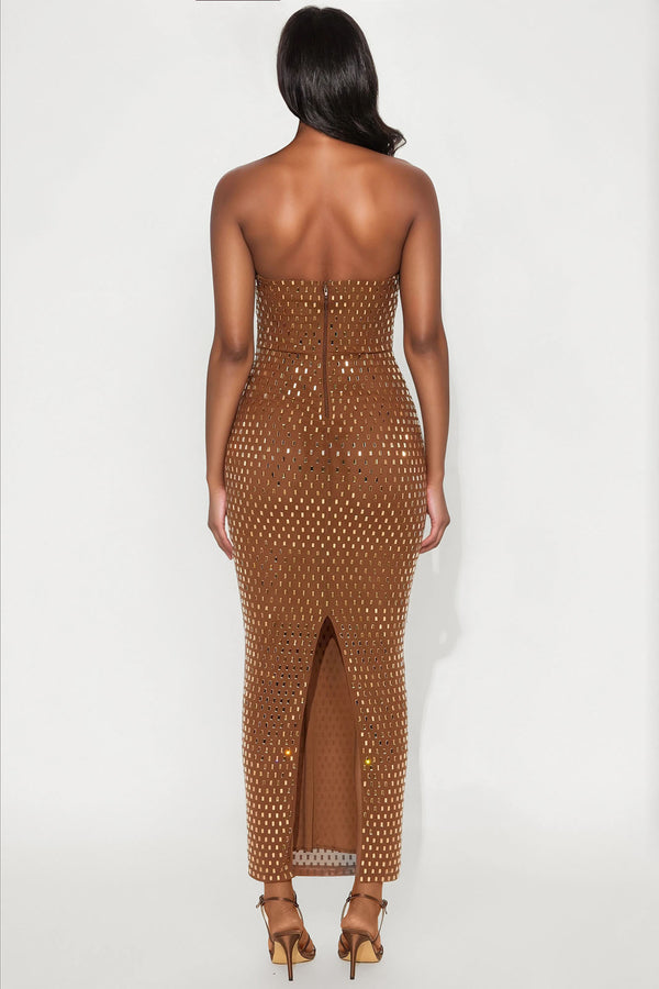 Fashion Nova Maria Embellished Mesh Maxi Tube Dress - Brown