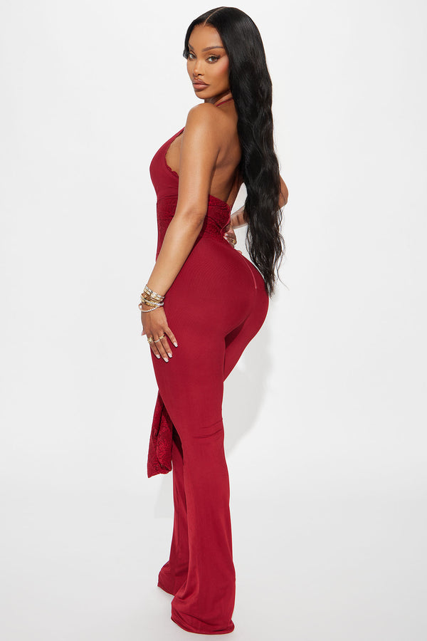 Fashion Nova Melrose Mesh Halter Corset Jumpsuit - Burgundy