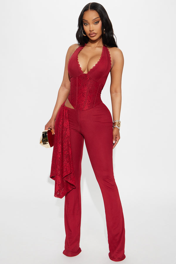 Fashion Nova Melrose Mesh Halter Corset Jumpsuit - Burgundy