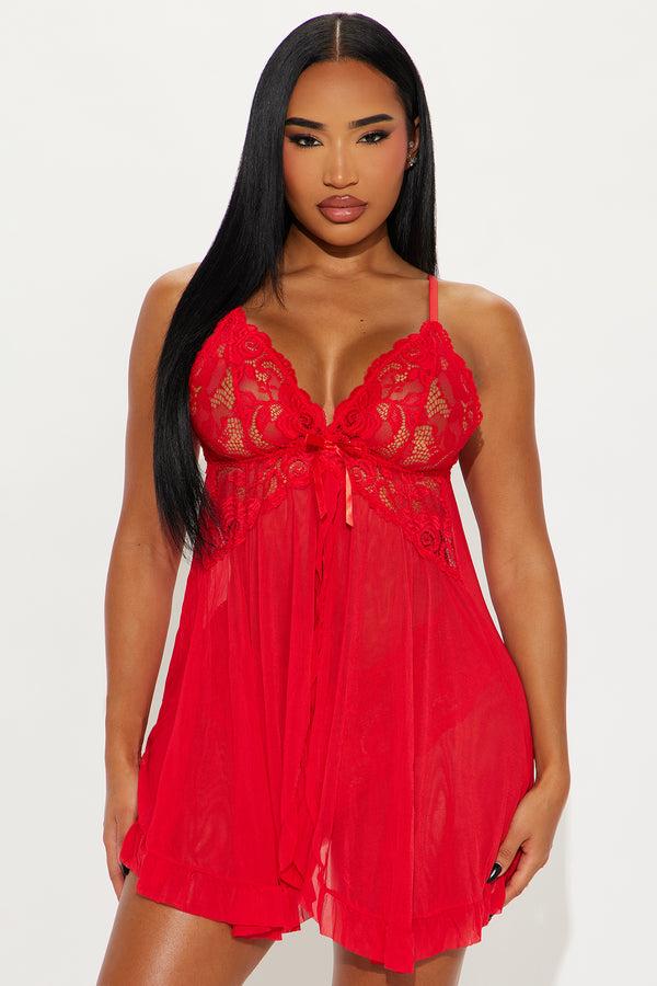 Fashion Nova Milania 2 Piece Mesh Lace Babydoll and Panty - DarkRed