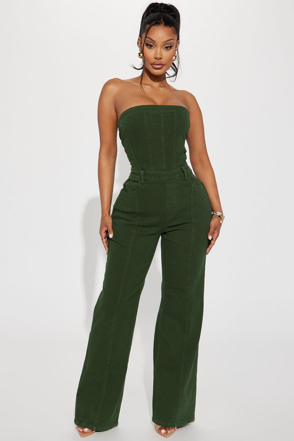 Fashion Nova Mine For The Weekend Denim Jumpsuit - Green