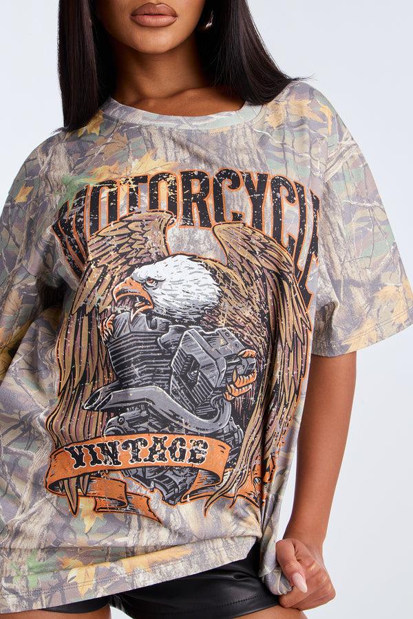 Fashion Nova Motorcycle Vintage Camo Tee - Camouflage