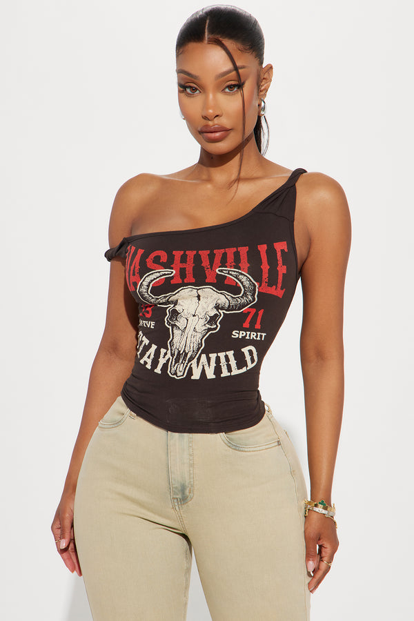 Fashion Nova Nashville Stay Wild One Shoulder Top - Chocolate