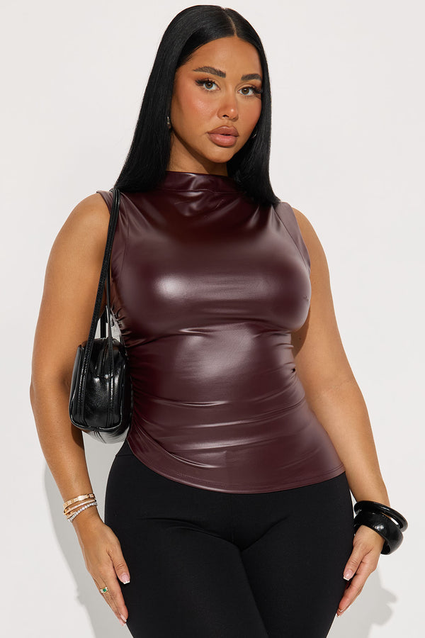 Fashion Nova Never Ending Faux Leather Asymmetrical Mock Neck Top - Wine