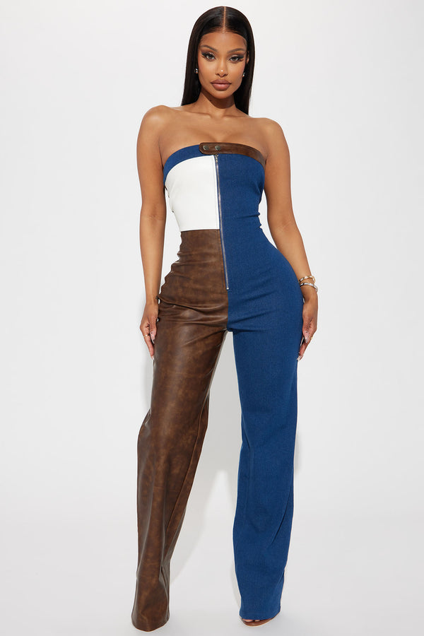 Fashion Nova No Blocked Hearts Faux Leather Jumpsuit - Royal/combo